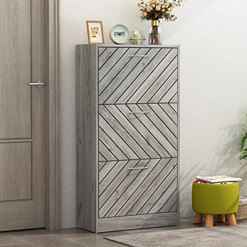 PREMTURE Schuhschrank, Schuhregal, Schuhkommode mit 3 Klappen und 6 Fächer, Schuhkipper für Flur, Schlafzimmer, Wohnzimmer，Holzwerkstoff, grau, 54 B*24 T*107 H cm