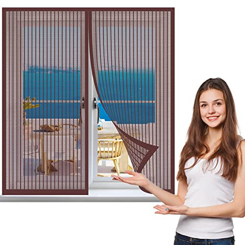 Aimantée Anti moustique 65 x 115 cm, Rideau de Moustiquaire Aimant avec Bande, Kit d'installation Pour Fenêtre Portes Patio, ‎Marron