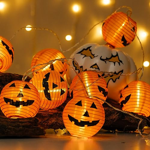 Lush Lights 10 LED Pumpkin Lights - White LED's - Battery-Powered Halloween Spooky String Lights - Fabric Lantern Decor - Perfect for Halloween Ambiance - Ideal Living Room Bedroom Party Lighting