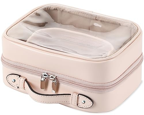 Veki Transparent Kosmetiktasche, Doppelte Lage Reise Kulturbeutel, Wasserdichter Kulturtasche, Groß Kapazität Öffnen Sie Kosmetikbeutel, Make Up Tasche Organizer für Damen und Mädchen (Mittel Rosa)