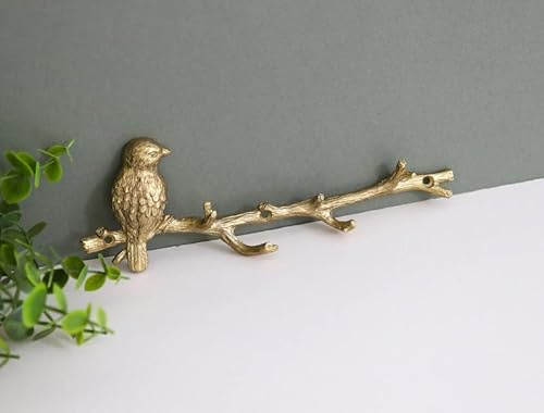 Fyne-Finds Metal Gold Silver Bird on Branch 6 Hooks Coat Key Lead Hanger Rack Wall Mounted