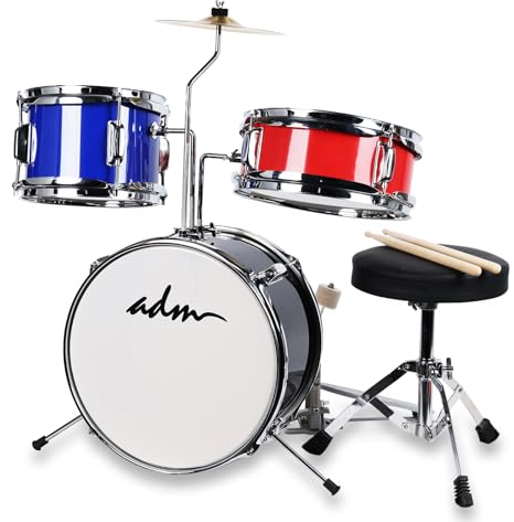 Kinder Schlagzeug Set für Anfänger, von 3-9 Jahren, 14 3 PC Junior Drum Schlagzeug Kit mit Snare, Tom, Bass Drum, Pedal, Throne, Becken, Drumsticks und Stille Matten(rot, blau, schwarz)