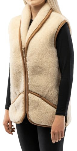 Perfect Wool - Weste Wolle - Merino Weste Damen und Herren - Warm und Weich - für Herbst und Winter, mit Kragen, Reißverschluss und Taschen - Beige - Größe S