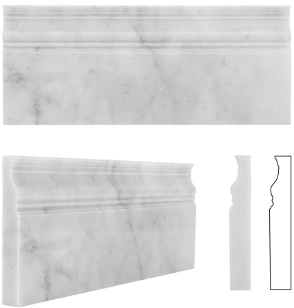 Adolif Carrara White Marble Baseboard Trim Molding, 100% Natural Marble, Polished, 5x12, 4 Pcs