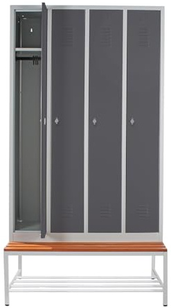 Schrank & Stuhl Spind – Metallspind mit 4 Abteilen und Sitzbank mit Schuhrost - 30 cm Abteilbreite, 220 x 117 x 80 cm, Schließfachschrank mit Hutboden & Drehriegelverschlüssen, Grau/Anthrazit