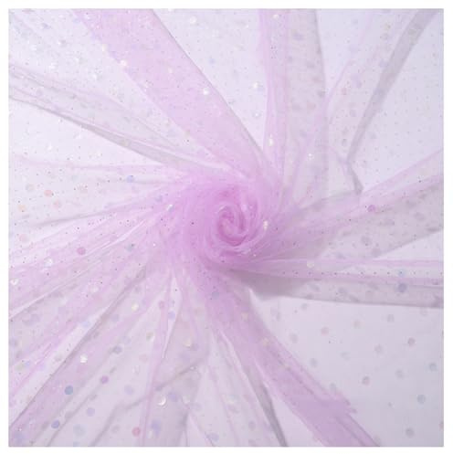 Wisafory Tessuto in Tulle Con Paillettes Rotonde e Glitter, al Metro, per Fai Da Te, Vestiti, Matrimoni, Feste, Decorazione Da Tavolo, 100 x 160 cm, Lilla Chiaro