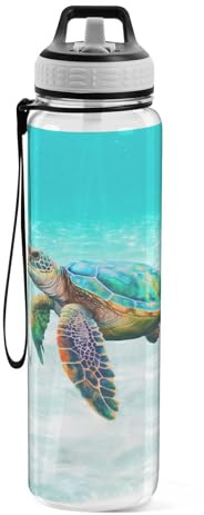 Botella de agua deportiva de tortuga marina Tritan con pajita, grande, 1000 ml, sin BPA, transparente, a prueba de fugas, bidón agua, para niños, niñas, mujeres, hombres, gimnasio, escuela