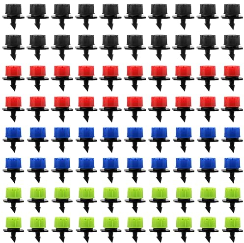 VooGenzek 80 Stücke Einstellbare Bewässerung Tropfer Sprinkler, Kunststoff Micro Flow Sprinkler für Bewässerung Tropfbewässerung, 8-Loch Anti-Clogging Emitter Tropfer, Schwarz/Rot/Blau/Grün