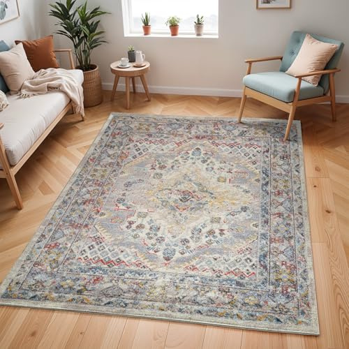 Livabliss Casablanca Alfombra Vintage Oriental - Alfombra Salon, Habitacion, Pasillo o Dormitorio, Estilo Tradicional Bohemio, Natural, Facil de Limpiar, Alfombras Grande 120x170cm, Taupé y Crema