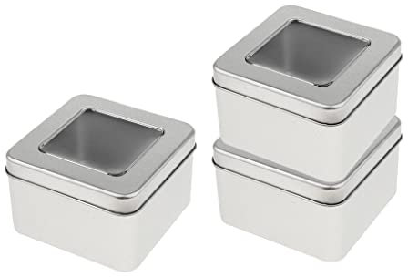 Xiaojikuaipao Lot de 3 boîtes carrées en métal avec couvercle transparent ou normal, petits récipients de rangement portables pour nourriture, thé, épices, cadeaux – 9 x 9 x 5,5 cm