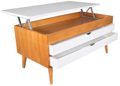 LoMasCasa - Mesa de Centro Salón Elevable Madera Modelo Luzia 6 con Dos Cajones Deslizantes en Color Cerezo y Blanco Medidas 100x50x47 cm