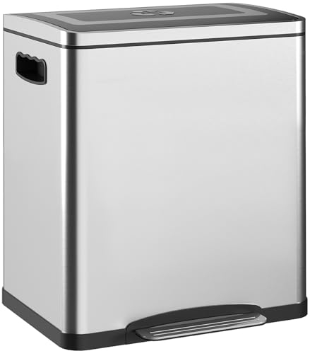 HOMCOM Bidone Spazzatura a 2 Sezioni da 15L a Pedale con Coperchio a Chiusura Morbida, Cestino Immondizia in Acciaio Inox e PP, 40x34.8x47.5 cm, Argento