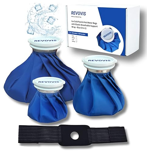 REVOVIS Ice Cold Pack Reusable Ice Bags Hot Water Bag for Injuries, Hot & Cold Therapy and Pain Relief with Elastic Breathable Support Wrap, 4-Pack, 3 Sizes (6/9/11) For Hot Therapy is 60℃ (4 IN 1)