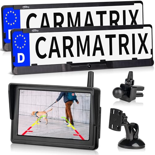 Solar Funk Auto Rückfahrsystem HD Rückfahrkamera im KFZ Nummernschild mit 5 IPS Monitor Vorne und Hinten Digital zum Nachrüsten ohne Bohren, Einparkhilfe im Kennzeichenhalter kabellos (Solar 4 Duo)