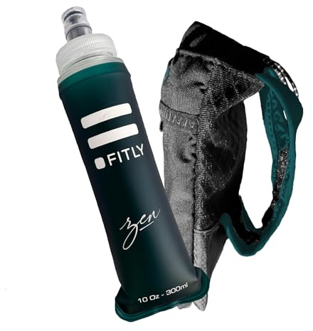 FITLY Porte-Gourde avec Flasque 300ml Petrol Blue - Bouteille à Main pour Coureurs, Randonnée - Compatible avec Flasque Pliable F1, F2, F3 & F4 - Support Hydratation avec Poche