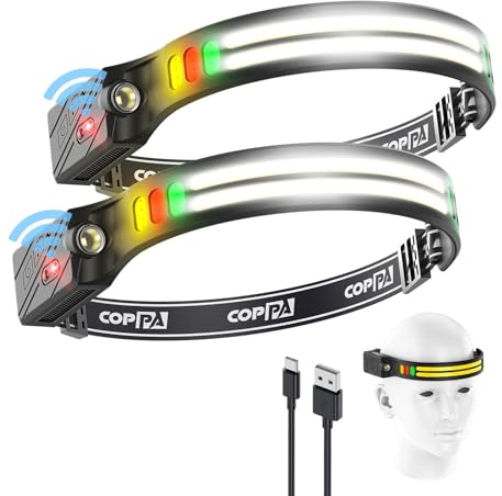 COPPA Kopflampe, H4C Stirnlampe LED Wiederaufladbar 2 Pack mit Flutlicht & Spotlicht Weiß & Gelb & Rot & Grün Headlamp Mit Motion Sensor für Kinder Camping Laufen Angeln Klettern Reparatur Joggen