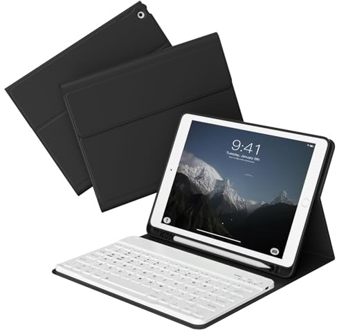 KVTVOU Funda de teclado para iPad de 9ª/8ª/7ª generación de 10.2 pulgadas 2021/2020/2019 con soporte para lápices, teclado Bluetooth inalámbrico desmontable, parte trasera de TPU suave, funda tipo