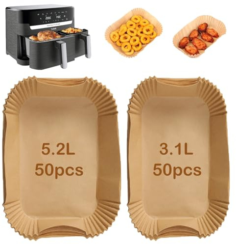 Baketron 100pcs Airfryer Backpapier für Airfryer Dual Basket 3000 Series, Heißluftfritteuse Backpapier für Tefal EY9018 Dual Easy Fry 5,2/3,1 L,Cecotec 5,5/3,5L, Moulinex 8,3 L