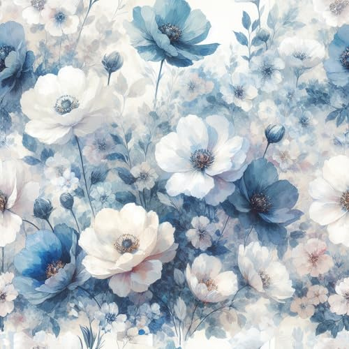 Livelynine Tapete Blumen Blau Weiß Selbstklebende Tapete Floral Weiß Blau Romantik 44.5CMx7M Klebetapete Selbstklebend Wand Blumen Möbelfolie Selbstklebend Muster Schrank Küchenfronten Fototapete