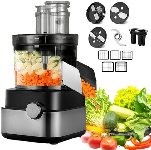 Naturalpowev Cortador de Verduras eléctrico multifunción 5 en 1 con Motor de 600 W, Recipiente de 5 L y Control de Doble Velocidad para Cortar, Picar y moler. Salida de Acero Inoxidable