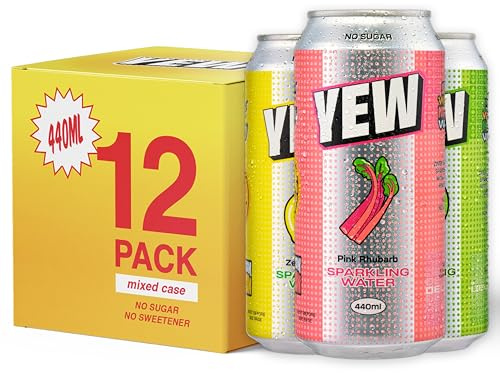 YEW Sparkling Water Mixed Pack - 12 x 440ml Cans, ZERO Sugar, ZERO Sweetener, All Natural Apple, Lemon, and Rhubarb Flavoured Water, Keto Friendly, Vegan Healthy Fizzy Drink