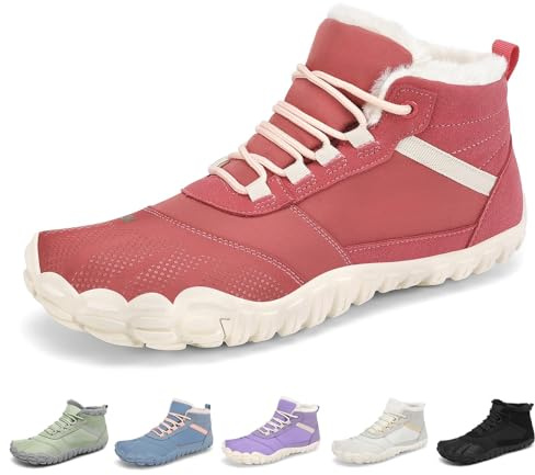 SAGUARO Barefoot Donna Invernali Scarponcini Caldi, Scarpe Minimaliste con Punta Ampia e Suola Drop Zero, Stivaletti Trekking Passeggio Città Rosso, Gr.39