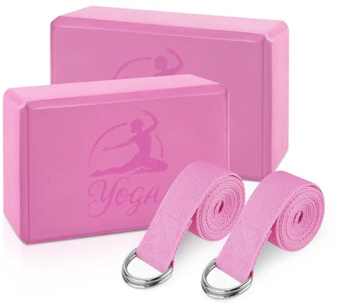 RETON Yoga Blocks Set, High - Density Yoga Block with 2 Strap, Lightweight EVA Foam Brick Yoga Pilates Blocks with Embossed Design, Yoga Brick for Posture Adjustment, Movement Assistance (Pink, 1)