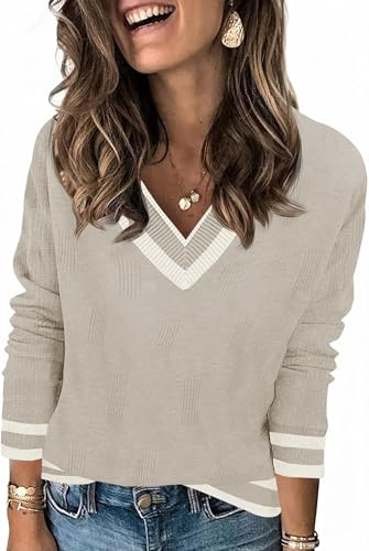 Saodimallsu Jersey de manga larga para mujer, cuello en V, jersey de punto ligero, a rayas, informal, básico, para otoño e invierno