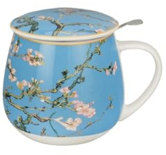 Duo Taza barril con infusor y tapa de porcelana New Bone China – Almendro en flor, diseño artístico inspirado en Van Gogh – Ideal para té e infusiones Porcelain