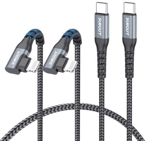 SUNGUY Cavo USB C a Light-ning ad angolo retto, [Certificato MFi] tipo C a Light-ning a 90gradi, ricarica rapida intrecciato per iPhone 14/13/12/11 Pro Max Mini X XS XR Plus SE [Grigio, 0.6m, 2Pezzi]