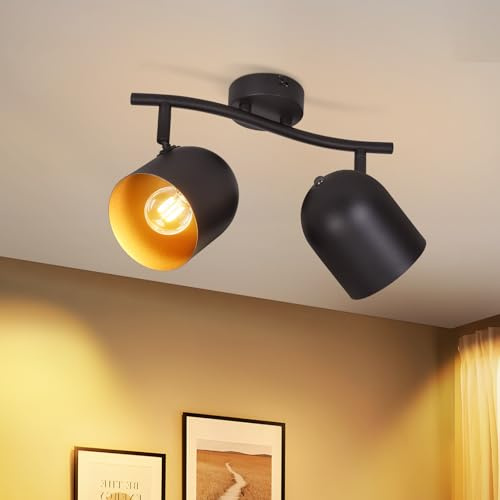 Kowanie Deckenstrahler 2 Flammig Vintage: Deckenleuchte E14 Industrial | Spots Deckenlampe Küche in Schwarz Gold Strahler Deckenspots Flur schwenkbar 350°Wandstrahler für Eingang - Ohne Leuchtmittel