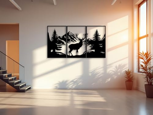 Kajaro Hirsch Berge Wandbild Holz 3-teilig, Hirsch mit Bergen ohne Bohren | Gratis: zweites kleineres Bild. Selbstklebende Holz-Wanddeko in Metalloptik, einfache Montage ohne Bohren.