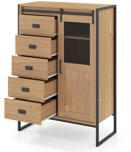 COSTWAY Buffet Haut Industriel avec 5 Tiroirs, Porte Coulissante, Meuble de Rangement Vertical avec Étagères, Armoire Compacte pour Petit Espace, Salle à Manger, Entrée, Cuisine (Naturel)