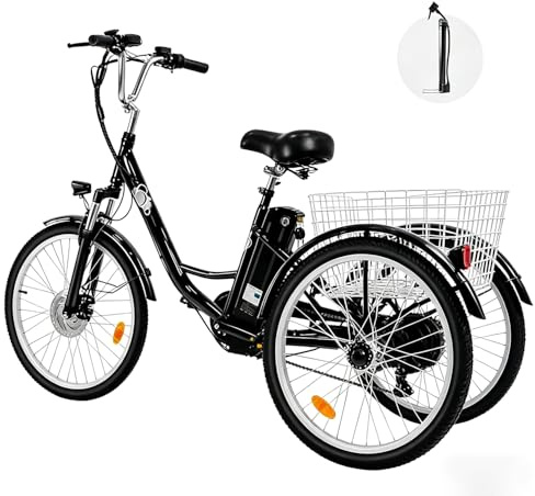 Pudari Triciclo elettrico per adulti M300 Batteria rimovibile da 36 V 15 Ah Pneumatici antiscivolo e resistenti all'usura da 24 x 2,125 pollici Triciclo da campeggio Triciclo da trasporto per anziani