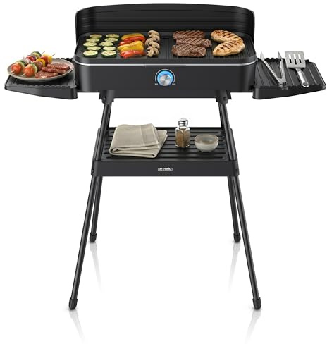 Arendo - Tischgrill Edelstahl, Elektrogrill mit Thermostat, Barbecue Standgrill 2200W, Electric Grill Geteilte Garflächen, Antihaft-Beschichtung, Standfuß mit Ablage, Spritzschutz, Für Balkon Terrasse