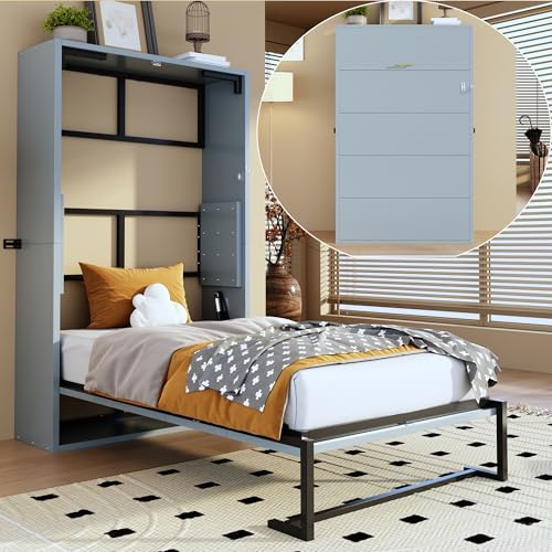 Vertikal Schrankbett 90x200 aus Metallrahmen und Holzplatte, Klappbares Einzelbett platzsparendes Wandbett mit Lattenrost Wandklappbett Murphy Bed Bettschrank Klappbett mit Schrank,Ohne Matratze,Grau