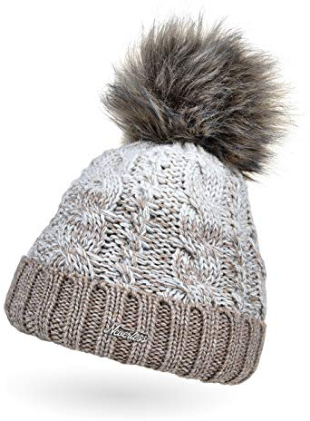 Neverless® Damen Strick-Mütze gefüttert Fleece-Innenfutter Fell-Bommel Kunstfell Winter-Mütze Bommelmütze Zopfmuster Mehrfarbig Umschlag Dunkelbeige-Hellbeige