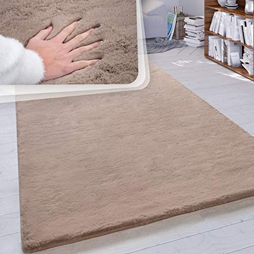 Paco Home Hochflor Teppich Wohnzimmer Schlafzimmer Shaggy Modern Flauschiger Fellteppich Weich Fell Imitat Kunstfell Einfarbig, Grösse:60x90 cm, Farbe:Beige