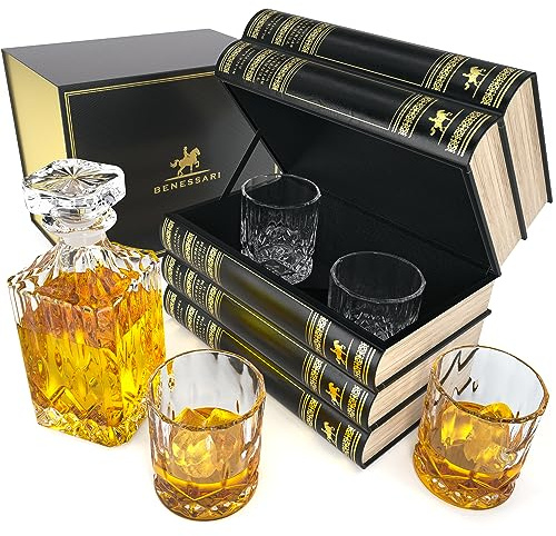 BENESSARI Whiskey Decanter Gift Set - Fake Book Tantalus Bourbon Cocktail Glasses Set of 4, Crystal Scotch Whiskey Glasses, Old Fashioned Liquor Men Gift, Bar, Kitchen Decor, Whisky Glass Sets