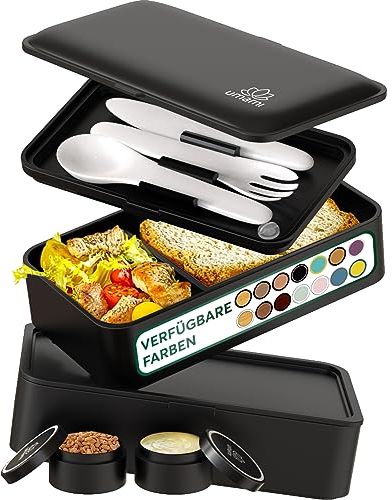 Umami Bento Box Adult All-in-1 w/4 Utensils, 2 Sauce Jars 2 Dividers, 100% Leakproof, Microwave & Dishwasher Safe Stackable Lunch Box Containers for Men/Women, Black & Tan Fuji, 2000 ml