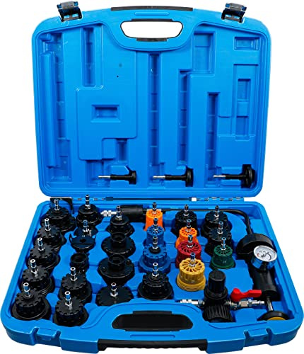 BGS 6867 | Kühlsystem-Abdrück-Satz | 32-TLG. | Handpumpe & Druckluft | Lecksuche an Kühlsystemen | Handpumpe 0 - 2,5 bar | Druckluft-Regler 0 - 5 bar | Adapter für gängige Fahrzeugtypen
