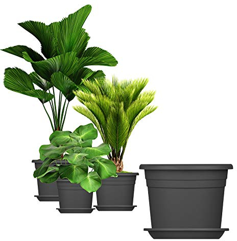 BigDean 3X Blumentopf Ø 30 cm Farbe Anthrazit & Untersetzer Kunststoff Pflanztopf Containertopf Übertopf Pflanzkübel rund 30 x 21 cm Blumentöpfe