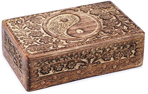 Ajuny Caja Joyero de Madera de Mango 8x5, Cofre Decorativo Tallado a Mano Tai Chi, Organizador de Joyas y Relojes, Caja de Recuerdos Espiritual, Regalo para Mujer y Hombre