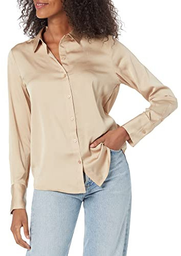 Amazon Essentials kvinnors Classic-Fit satin button down-blus (finns i plusstorlek), ljusbrun, X-Large