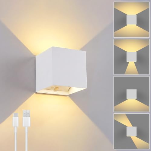 Akku Wandleuchte mit Bewegungsmelder, 6W USB Aufladbare LED Wandlampe mit Schalter, Einstellbarer Lichtstrahl Warmweiß 3000K, 3600mAh Batterie kabellos Wandleuchten for Schlafzimmer Flur Treppen, Weiß