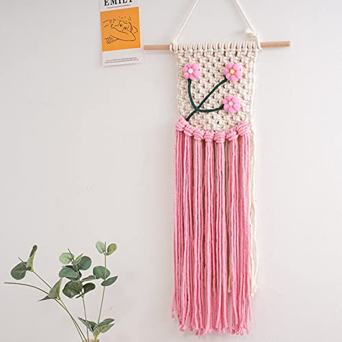 EXQUILEG Makramee Wandbehang – warmes Pink Blume, Tasseled handgewebten Wandteppich Boho wanddeko gewebte Tapisserie Boho Chic Home Decor