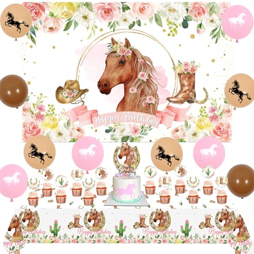 Fangleland Pferd Geburtstag Party Dekorationen für Mädchen, Pferd Thema Hintergrund Geburtstagskuchen Cupcake Topper Rechteck Pferd Tischdecke Pferd Racing Ballons Western Cowgirl Geburtstag liefert