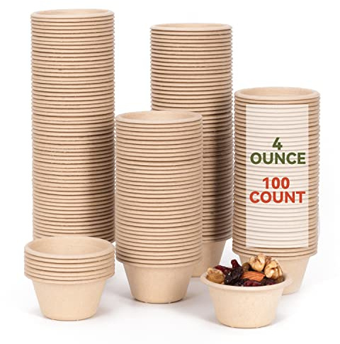 Gere engångstestskålar, 100-pack, 113 g, naturligt biologiskt nedbrytbart bagasse-fiberpuffle och smaktillsatskoppar, prov- och mätkoppar