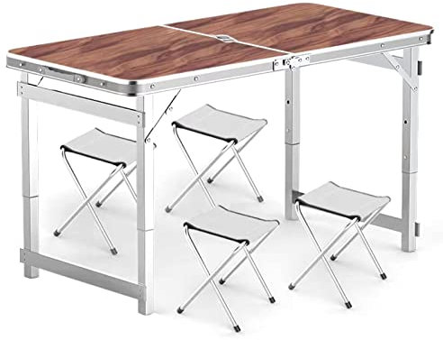 Höhenverstellbarer Camping-Klapptisch, Leichter Outdoor-Campingtisch, zusammenklappbare Picknicktische mit 4 zusammenklappbaren Hockern für Hinterhöfe, Grillparty, Camping-Organizer (Farbe: Holz)
