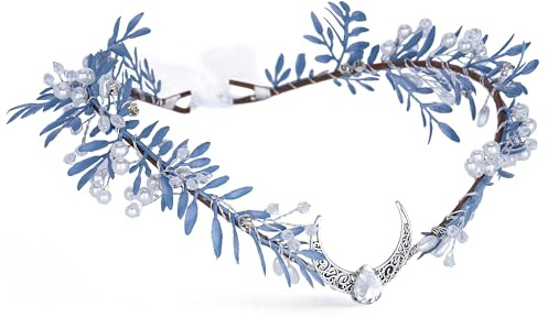 MOSTORY Feen Elfenkrone für Mittelalterliche Kostüme Damen, Handgefertigte Blau Kopfschmuck mit Mond und Perle für Babyparty Umstandsmode Karneval
